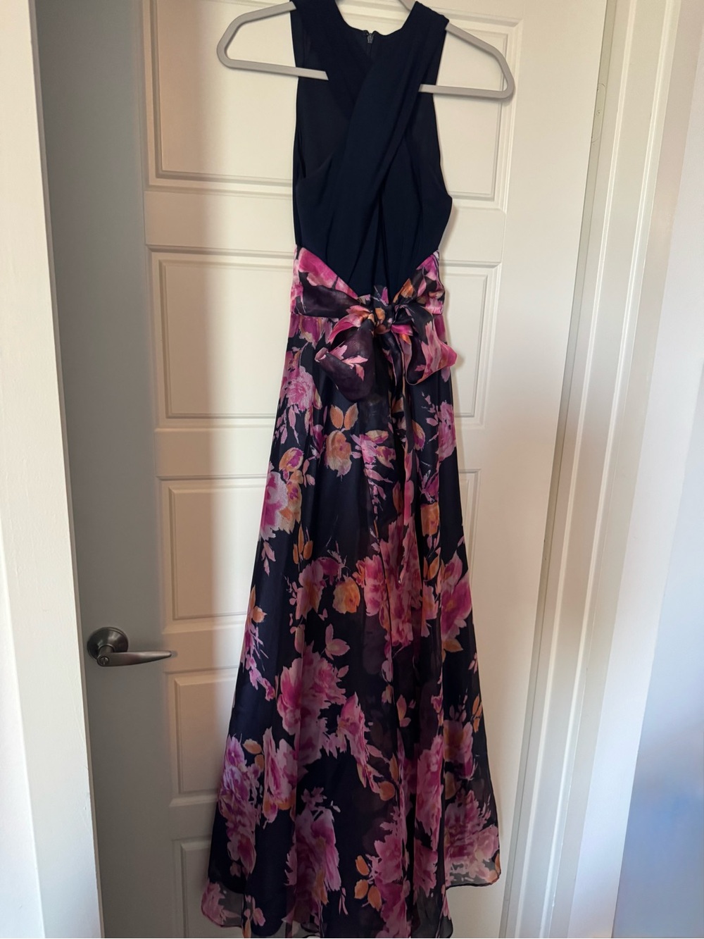 Eliza J Navy Halter Gown with Pink Floral Skirt and Bow